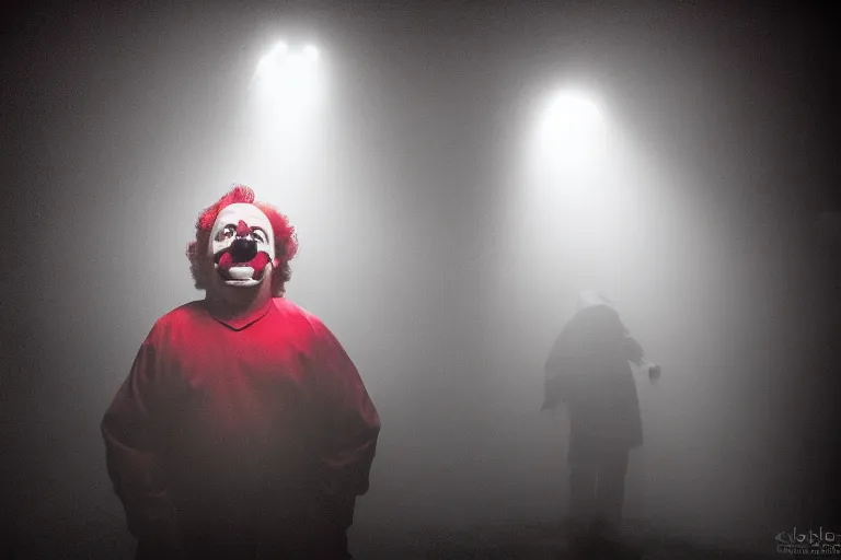 Image similar to a cinematic headshot portrait of an emotional middle aged male clown prison yard, fog filled, spotlights shine down from the watchtowers, perfectly lit face, ultra realistic, depth, beautiful lighting, red glow, ephemeral, detailed