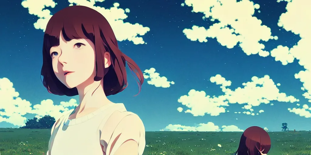 Image similar to portrait of a smiling girl by ilya kuvshinov, cloudy sky background lush landscape ln illustration concept art anime key visual trending pixiv by victo ngai fanbox by greg rutkowski makoto shinkai takashi takeuchi studio ghibli