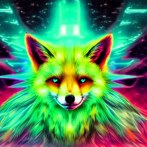 Prompt: digital radiation green fox, retrowave palette, digital world, highly detailed, electric breeze, anatomically correct vulpine, synth feel, fluffy face, ear floof, flowing fur, super realism, accurate animal imagery, 4 k digital art