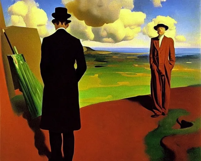 Image similar to painting by John Singer Sargent, Magritte, Salvador Dali, Magritte, Salvador Dali, and John Singer Sargent