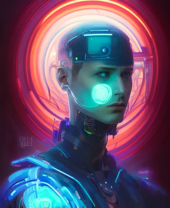 Image similar to a whirlwind inside the metaverse, guy, male, man, hologram, half body, neurochip, android, cyborg, cyberpunk face, by loish, d & d, fantasy, intricate, elegant, highly detailed, colorful, digital painting, artstation, concept art, art by artgerm and greg rutkowski and alphonse mucha