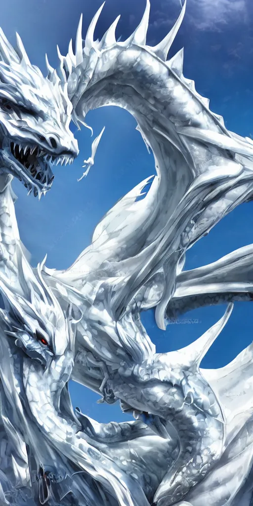 Image similar to white photorealistic futuristic post - modern blue eyes white dragon in seoul with bright blue sky