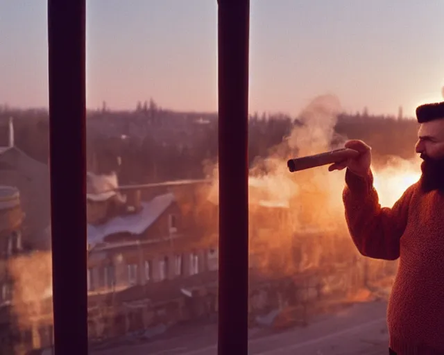 Image similar to lomo photo of 4 0 years russian man with beard and sweater standing on small hrushevka balcony full with cigarette smoke in small russian town looking at sunset, film still, atmospheric, cinestill, bokeh