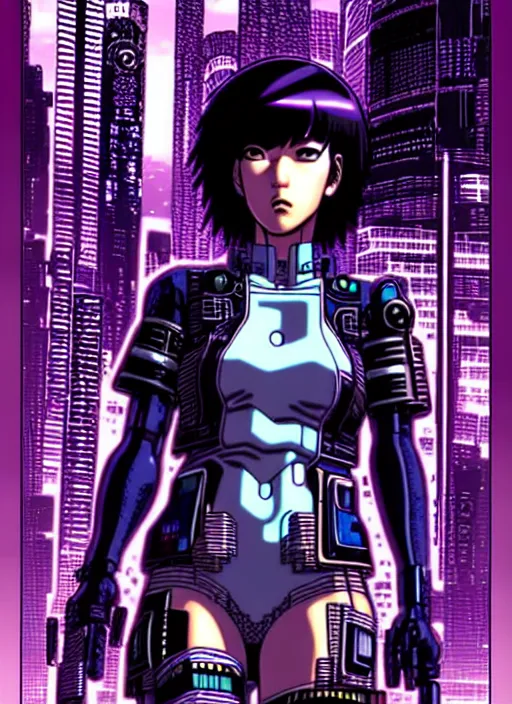 Image similar to motoko kusanagi in grungy cyberpunk megacity, intricate and finely detailed, cyberpunk vaporwave, portrait by j scott campbell, phil jimenez, ilya kuvshinov