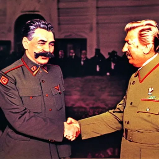 Image similar to color photo of stalin and trump shaking hands, award winning photo, 3 5 mm camera