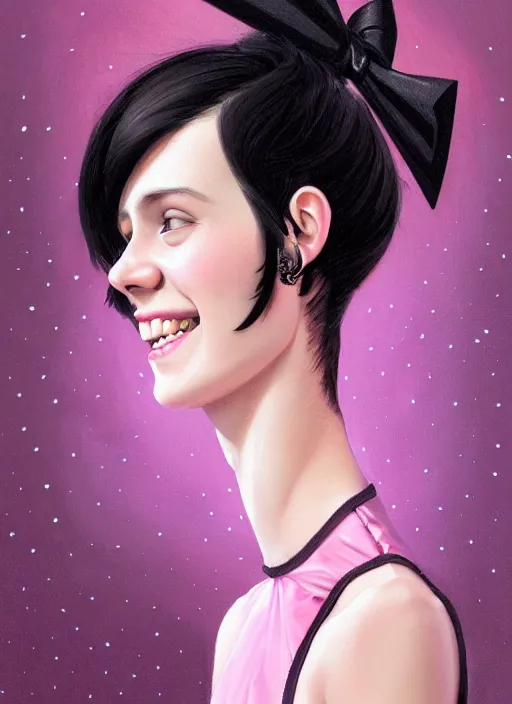 Image similar to portrait of high school girl, realistic, black hair, bangs, half updo hairstyle, pointy nose, skinny, smile, ugly, defined jawline, big chin, pink hair bow, earrings, intricate, elegant, glowing lights, highly detailed, digital painting, artstation, sharp focus, illustration, art by wlop, mars ravelo and greg rutkowski