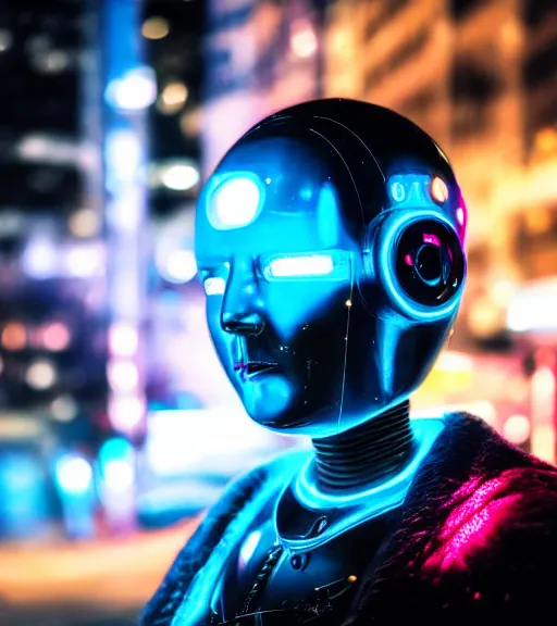 Image similar to portrait of robot lowlight neon lights, cinematic,4k,35mm,street photo, epic