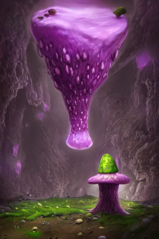 Image similar to Giant Mushroom Dripping Viscous Blobs of Purple Liquid from its Cap, Damp Dungeon, Underground, fantasy, digital illustration, realistic, trending on artstation, volumetric lighting, ultra detailed