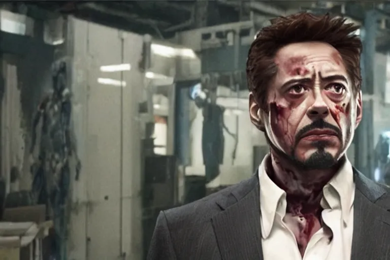 Image similar to film still of zombie Tony Stark in new avengers movie, 4k