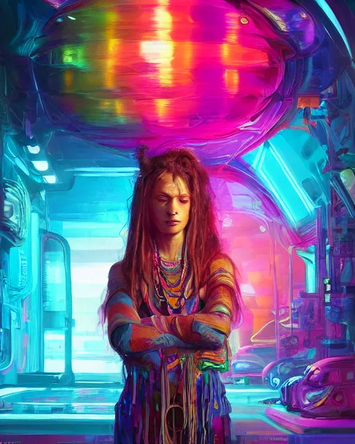 Image similar to colorful detailed portrait of a hippie, set in the future 2 1 5 0 | highly detailed | very intricate | symmetrical | professional model | cinematic lighting | award - winning | painted by mandy jurgens | pan futurism, dystopian, bold colors, cyberpunk, groovy vibe, anime aesthestic | featured on artstation