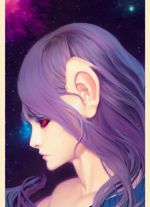 Prompt: a comic portrait of an cosmic goddess with starry hair, fine - face, realistic shaded perfect face, fine details, jewelry, night setting. very anime style. realistic shaded lighting poster by ilya kuvshinov katsuhiro, magali villeneuve, artgerm, jeremy lipkin and michael garmash, rob rey and kentaro miura style, trending on art station