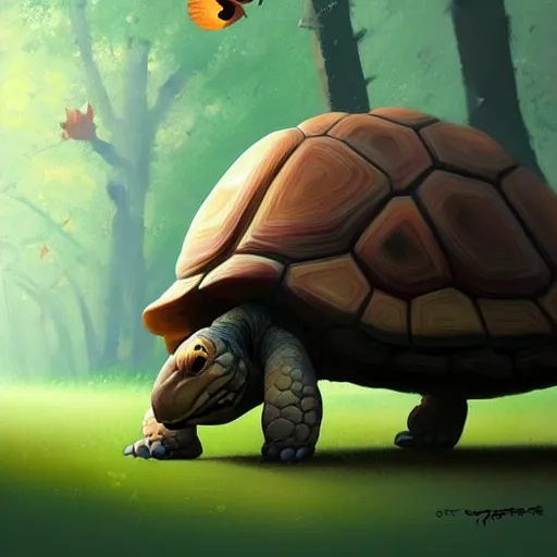 Image similar to Goro Fujita a portrait tortoise walking through the forest, painting by Goro Fujita, sharp focus, highly detailed, ArtStation