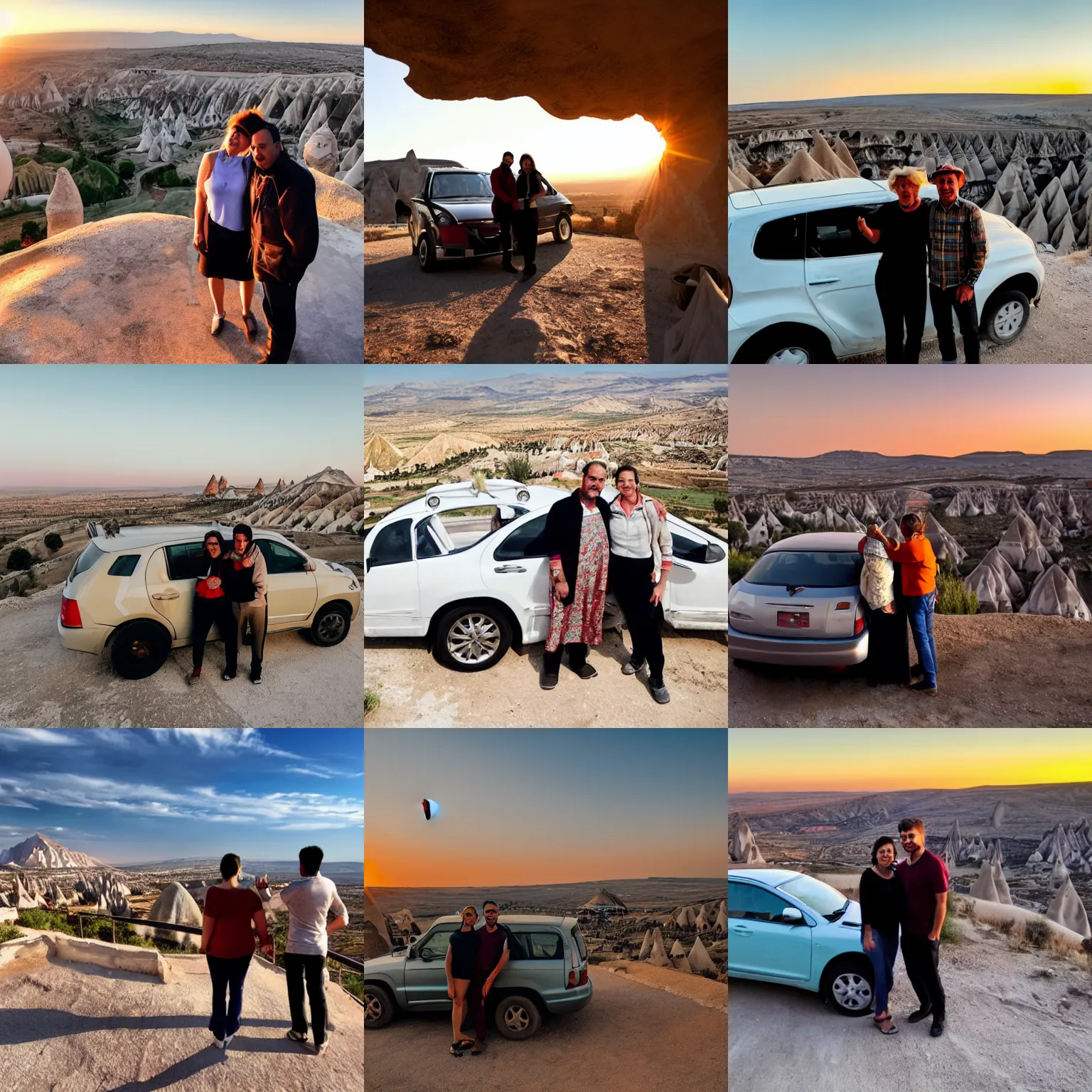 Prompt: a picture of a couple standing beside their car overlooking cappadocia. they have their backs to us and are watching the sunset.