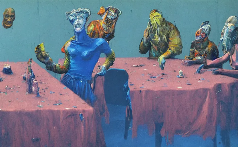 Prompt: people at the table, trash bag on head, blurred face, grotesque, doomed, acrylic paint, high resolution, gouache on canvas, ultra detailed, vibrant colors, grotesque, blue wrapped thermal background, art by francis bacon, beksinski painting