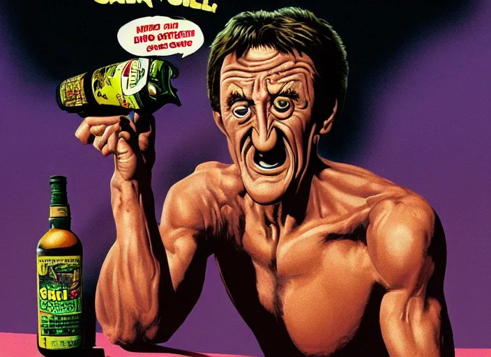 Image similar to barry chuckle chugging a bottle of snake oil, artwork by richard corben, 3 d, high resolution 8 k