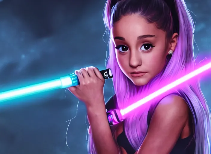 Image similar to An extremely detailed photo of Ariana Grande in the Star Wars universe witha pink lightsaber held in one hand Maximum detail on artstation, photo realism, vivd details, vivd colour, volumetric lighting. anime art style