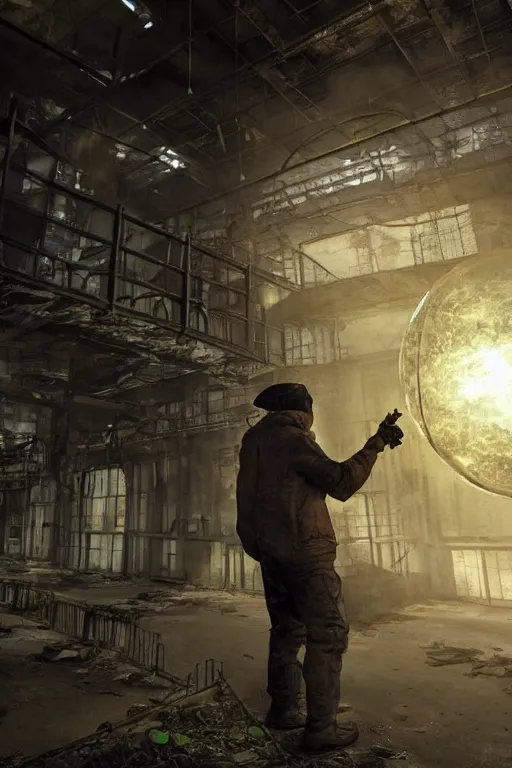 Image similar to a stalker with a detector in his hand from the game s.t.a.l.k.e.r stands next to a large translucent luminous sphere in an abandoned factory, realistic art