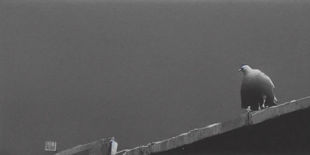 Image similar to detailed medium format photo, polaroid still from tarkovsky movie, giant pigeon sitting on a newy york building rooftop, haze, high production value, intricate details, 8 k resolution, hyperrealistic, hdr, photorealistic, high definition, tehnicolor, award - winning photography, masterpiece, amazing colors