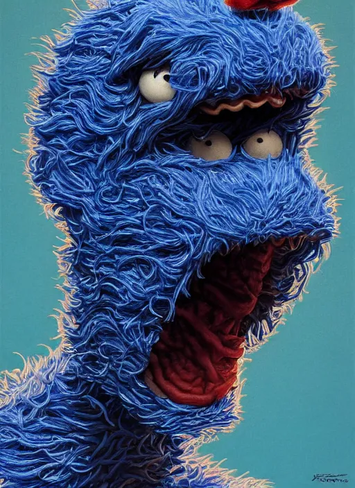 Image similar to portrait of Cookie Monster in Society (1989), intricate, highly detailed, centered, digital painting, artstation, concept art, smooth, sharp focus, illustration, artgerm, donato giancola, Joseph Christian Leyendecker, Les Edwards, Ed Repka, WLOP, Artgerm