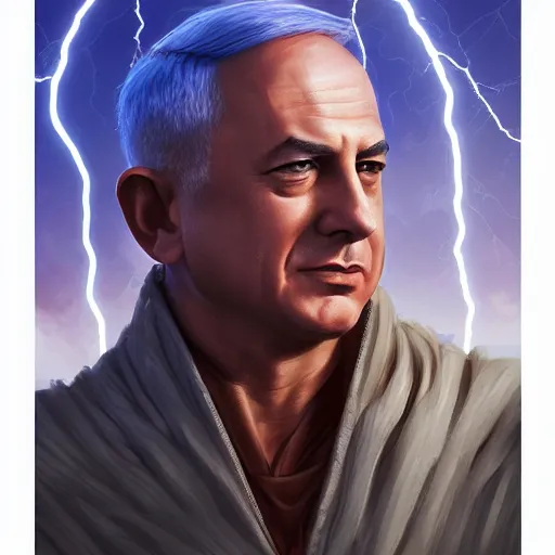 Image similar to benjamin netanyahu as the greek god of lightning, lightning bolts, highly detailed, ultra clear, by artgerm and greg rutkowski