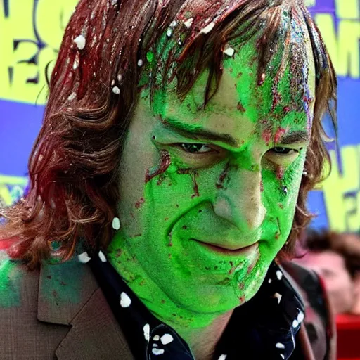 Image similar to Saul Goodman!, covered in slime!!, ((at the Kid Choice Awards)) , face close-up, award winning photography
