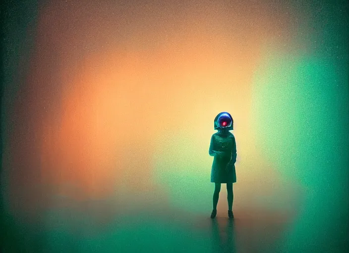 Image similar to ( ( dithered ) ), portrait of a young astronaut girl, colorful, modern art deco, mads berg, karolis strautniekas, christopher balaskas, stippled light, fog, moody, fine texture, editorial illustration, dramatic lighting, dynamic composition, detailed, matte print, dynamic perspective, muted color