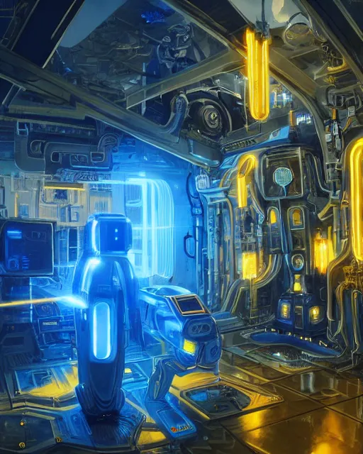 Prompt: cult of technology, scifi temple, machines, robots, ultra realistic, golden computers, blue, white, highly detailed, atmosphere, masterpiece, epic lighting, glowing wires, mysterious, illuminated, 4 k, cinematic, art by patryk olkiewicz and chris ostrowski and liang yao
