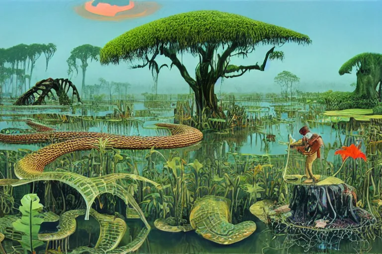 Prompt: Snake oil salesman searching the swamps of Formosa, painting by Roger Dean, painting by Naomi Okubo