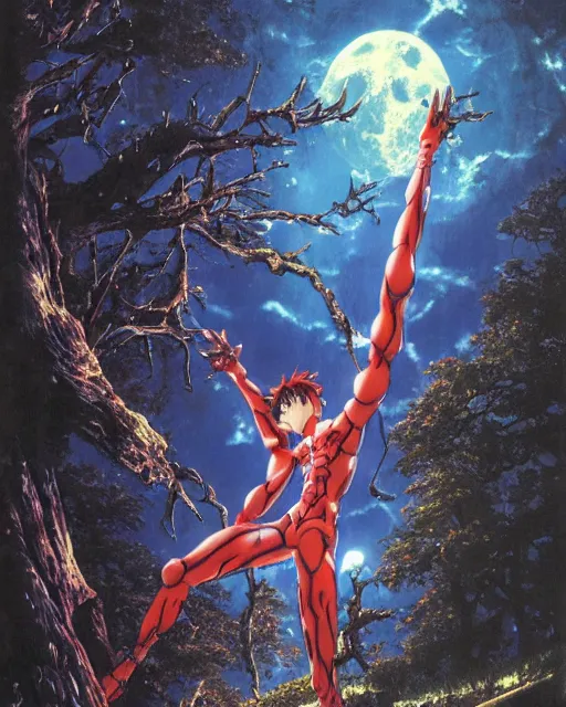 Prompt: evangelion by noriyoshi ohrai, hd, hyper detailed, dark, sky, forest, moon, dark atmosphere, 4 k