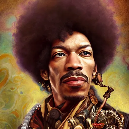Image similar to steampunk portrait of jimi hendrix, hyper detailed, digital art, trending in artstation, cinematic lighting, studio quality, smooth render, unreal engine 5 rendered, octane rendered, art style by klimt and nixeu and ian sprigger and wlop and krenz cushart.