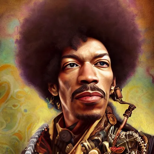 Prompt: steampunk portrait of jimi hendrix, hyper detailed, digital art, trending in artstation, cinematic lighting, studio quality, smooth render, unreal engine 5 rendered, octane rendered, art style by klimt and nixeu and ian sprigger and wlop and krenz cushart.