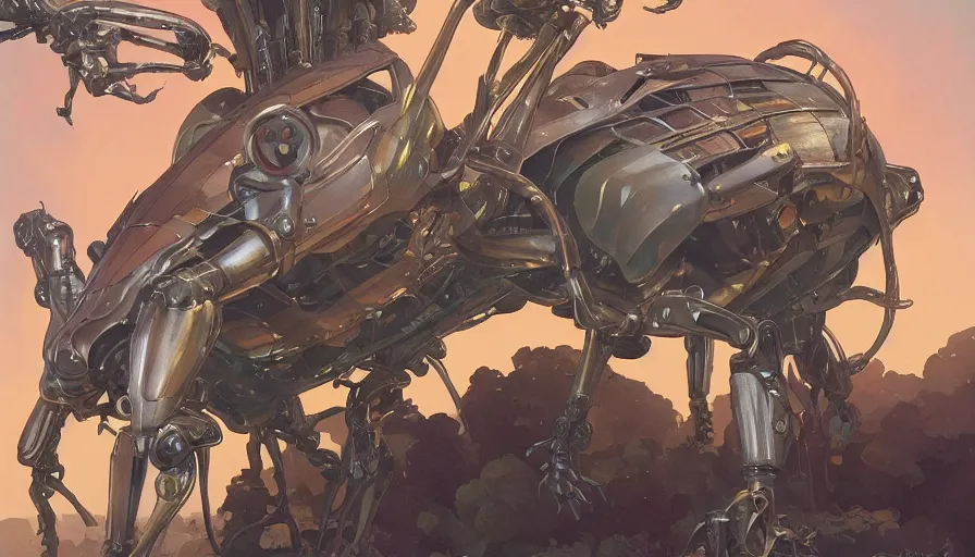 Image similar to a giant retrofuturistic hybrid mantis harvesting bulbs of energy, robot metallic armor, clean design, science fiction, art by artgerm and greg rutkowski, alphonse mucha, in watercolor gouache style of syd mead, trending on artstation, 8 k, wes anderson, insanely detailed scene from independence day