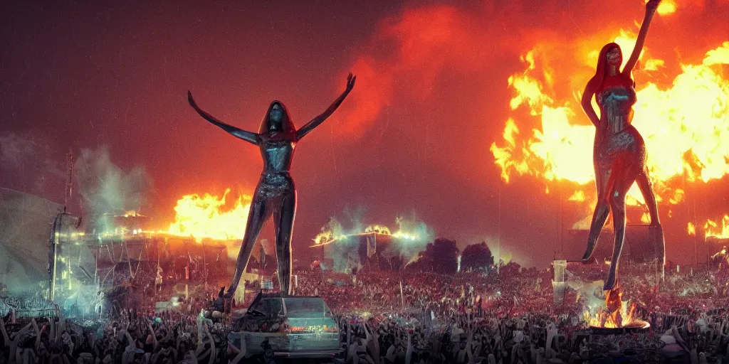 Image similar to realistic cinematic views of a orwellian coachella with fires in the background and dead seagulls falling from the sky in front of the main stage worshipping a large statue of kylie jenner, hyper detailed, terror glows, hyper realistic, digital painting, 8 k, 3 5 mm film grain, octane render