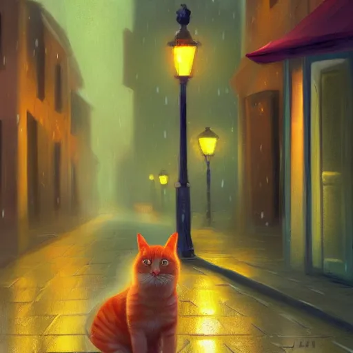 Image similar to a cute orange tabby cat with green eyes on an old street, it is night and raining, street lamps are illuminating the street, moody lighting, peaceful atmosphere, digital art, highly detailed, high contrast, beautiful lighting, award winning, trending on art station, 8 k,