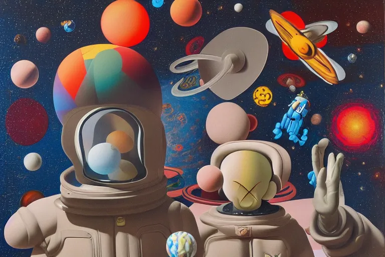 Prompt: space men by kaws, james jean and salvador dali and shusei nagaoka, oil on canvas, surrealism, neoclassicism, simple, renaissance, hyper realistic, cell shaded, 8 k