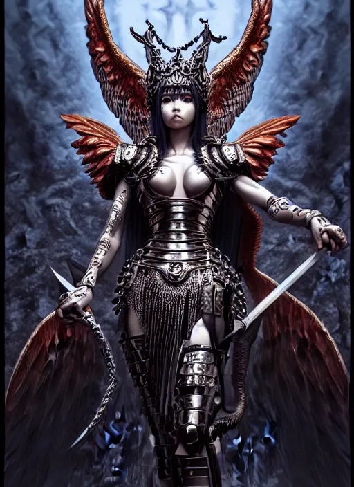 Image similar to complex 3 d render hyper detailed ultra sharp of a beautiful ornate valkyrie angel of death, d & d, medieval dark fantasy, octane render, 8 k, hd, art by takeshi obata & satoshi kon & artgerm & billelis