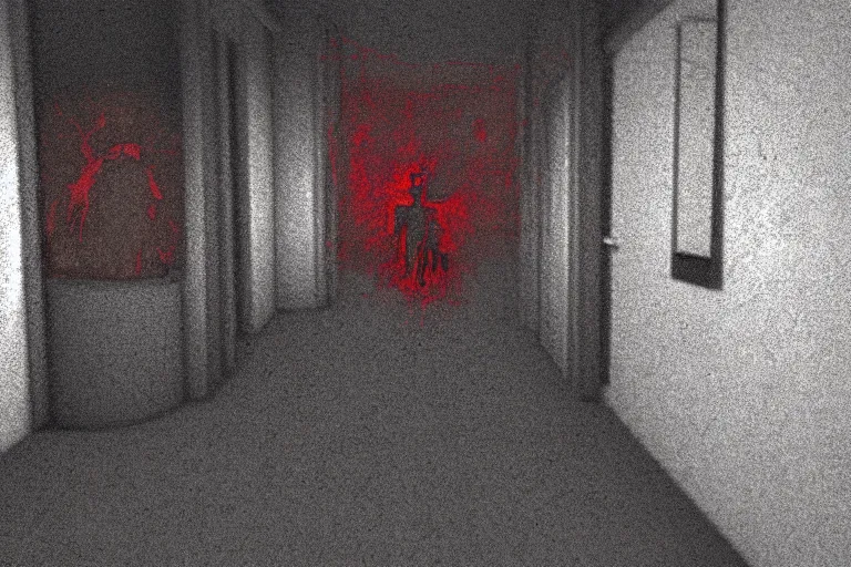 Image similar to cctv footage of an extremely dark empty room with evil horror humanoid cryptid monster made out of static, dark deep black shadows, crimson red and black color contrast in the style of trevor henderson and james ensor goya, liminal space, 3 d render, glitch effect