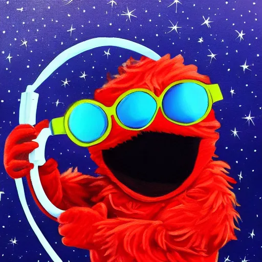 Prompt: elmo with sunglasses and headphones in space, painting