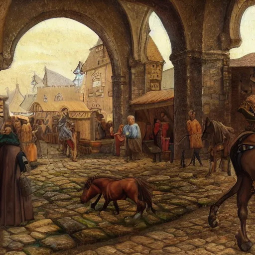 Image similar to a medieval horse market, fantasy art