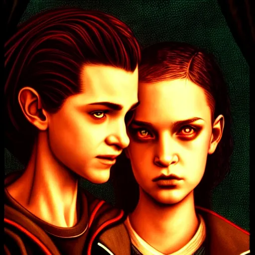 Prompt: Twilight version of Stranger Things, Portrait of Edward and Bella, diffuse lighting, fantasy, intricate, elegant, highly detailed, lifelike, photorealistic, digital painting, artstation, illustration, concept art, smooth, sharp focus, art by Albert Aublet