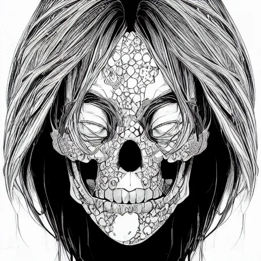 Prompt: anime manga skull portrait girl female skeleton illustration hyperrealistic art the Simpsons Geof Darrow and will cotton alphonse mucha pop art nouveau