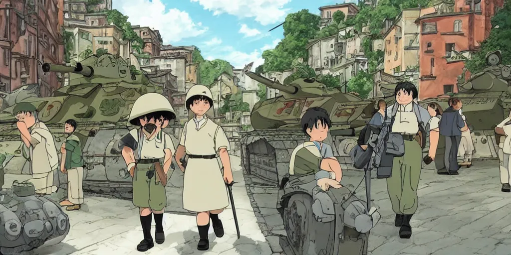 Image similar to wholesome animation studio Ghibli of a young soldier walking near some nazists and tanks in the city of Genova. Sharp bloom dramatic lightning