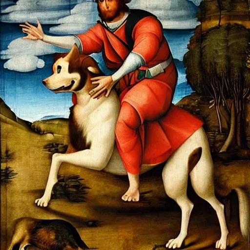 Prompt: strong handsome man riding on a corgy dog, renaissance art style