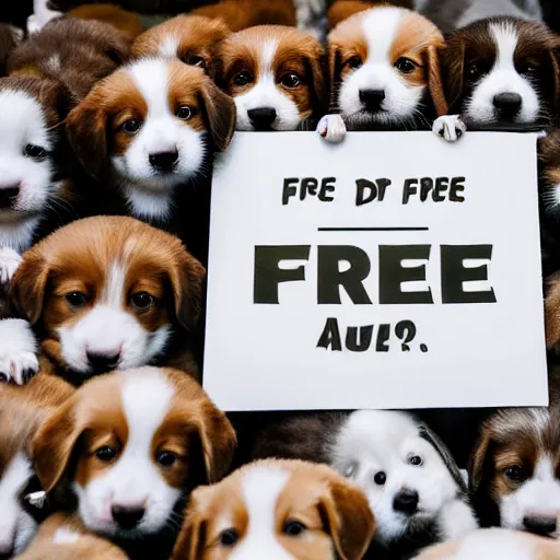 Prompt: photo of a sign beside a box of puppies saying Free Puppies, highly detailed, high quality, HD, 4k, 8k, Canon 300mm, professional photographer, 40mp, lifelike, top-rated, award winning, realistic, sharp, no blur, edited, corrected, trending