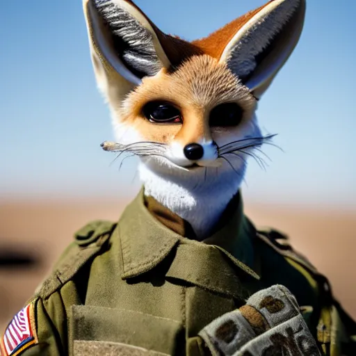 Prompt: close up of a fennec fox dressed in a modern american military soldier uniform, in apocalyptic wasteland, 8 5 mm f / 1. 4