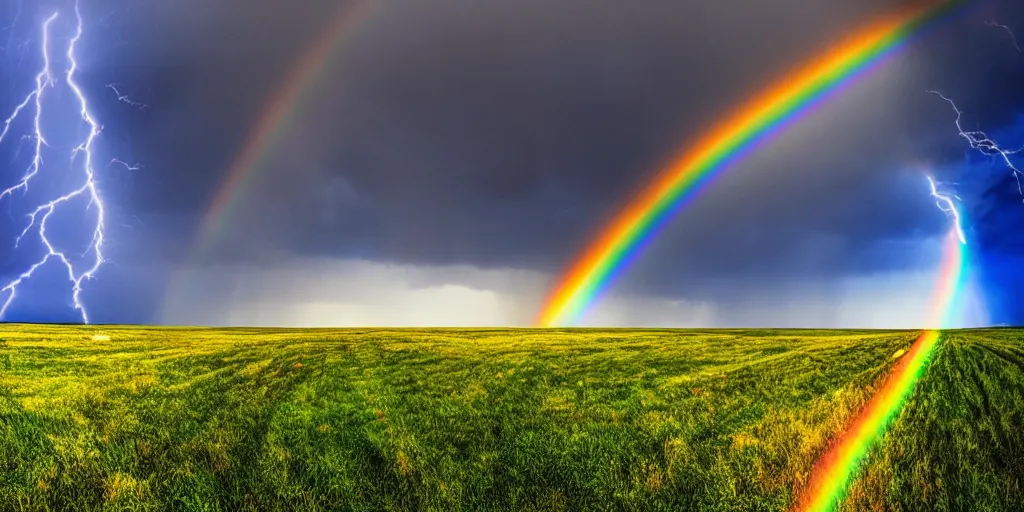 Prompt: detailed fields nature, super storm, full rainbow, impressive, atmospheric, god rays, cinematic, deep colors, deep blue, very high complexity, stunning, masterpiece, 3 5 mm, very detailed. 4 k