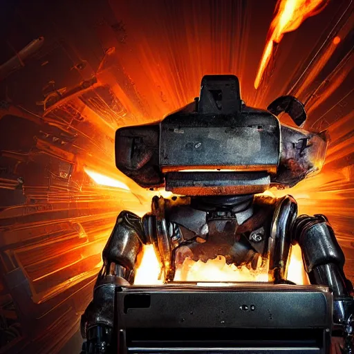 Image similar to toaster oven terminator robot, dark messy smoke - filled cluttered workshop, dark, dramatic lighting, orange tint, sparks, plasma charge, cinematic, highly detailed, sci - fi, futuristic, movie still