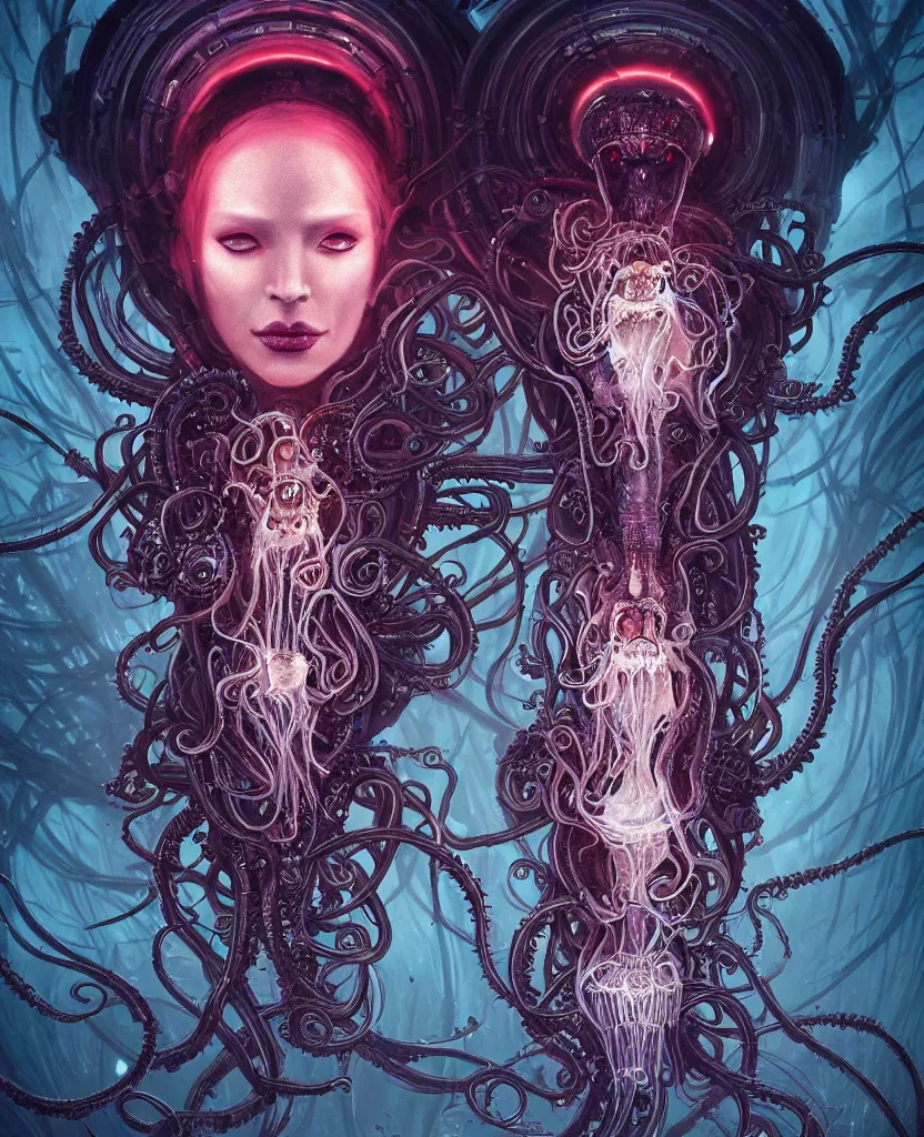 Prompt: queen of death. intricate portrait, occult cyberpunk, ancient futuristic, dark art, occult. intricate biomechanical, bioluminescent halo, cybernetic jellyfish, tentacles, by Petros Afshar, by artgerm, by Eddie Mendoza, by Peter mohrbacher by tooth wu, unreal engine, octane render, cinematic light, high details, iridescent colors