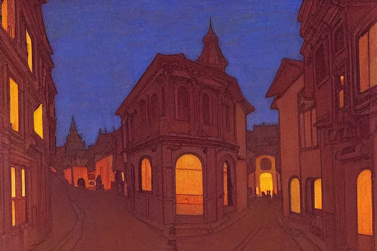 Prompt: winding street at twilight in a very old city by George Price Boyce and Nicholas Roerich and jean delville, glowing paper lanterns, strong dramatic cinematic lighting , ornate tiled architecture, lost civilizations, smooth, sharp focus, extremely detailed