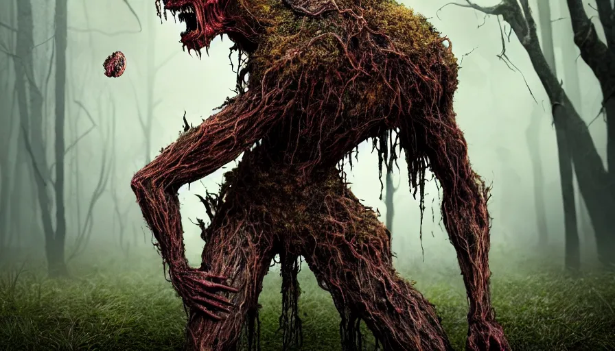 Prompt: full body in frontal view, a extremely scary horror photograph of a fantasy creature made out of nature and fungus, intricate, hyperrealism, sharp focus, cinematography, highly detailed, octane render, horror cgi 4 k, matte, photograph by professional photographer